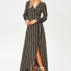 Jane Plus One black and gold pinstripe long cut out sleeve maxi wrap dress